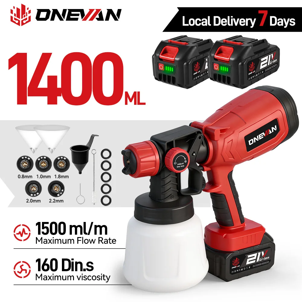 Pistola de pulverización eléctrica ONEVAN de 1700 ml, pulverizador de pintura HVLP para uso doméstico, control de flujo, pulverización fácil, herramienta eléctrica para baterías Makita de 18 V.