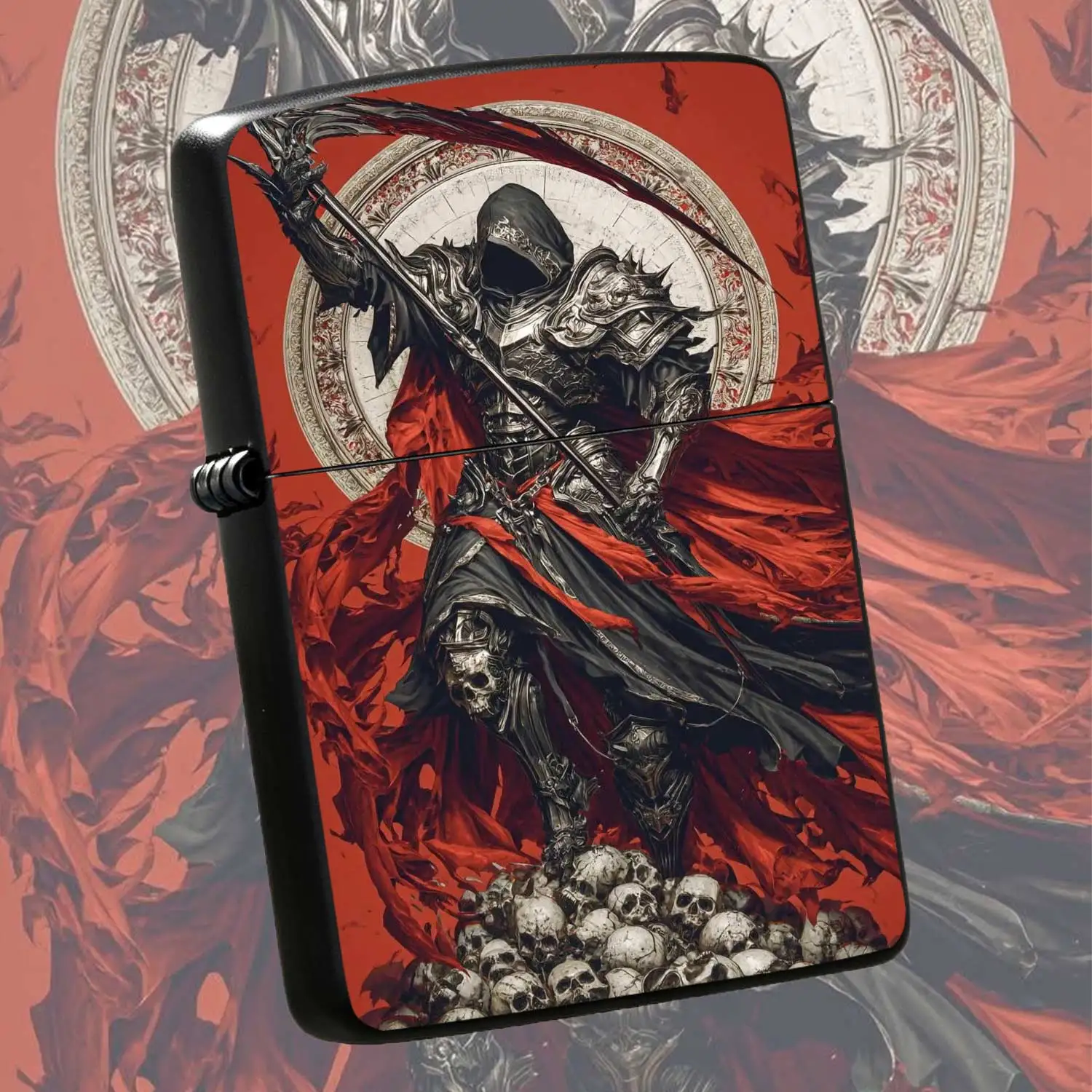 Reusable Flip-Top Pocket Metal Windproof Lighter, Dark Death Knight Themed Engraved Body, Vintage Distressed Craftsmanship, Portable Durable Personalized Trendy Collectible, Suitable For Daily Commute Outdoor Camping And Various Scenarios