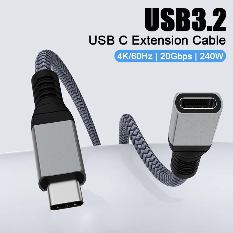 Cabo de Extensão USB C USB3.2 Tipo C Macho para Fêmea 240W Carregamento 20Gbps Transmissão de Dados Vídeo 4K para Telefone Tablet