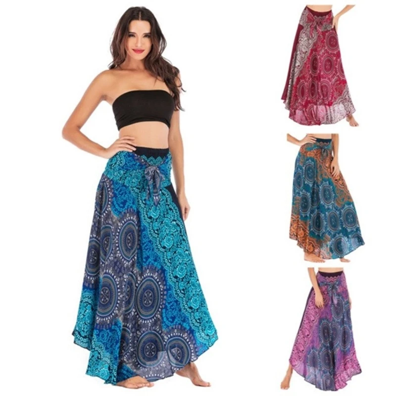 

Women's 2024 Bohemian Printed Elastic Waist A Line Maxi Skirt Flowy Swing Skirt