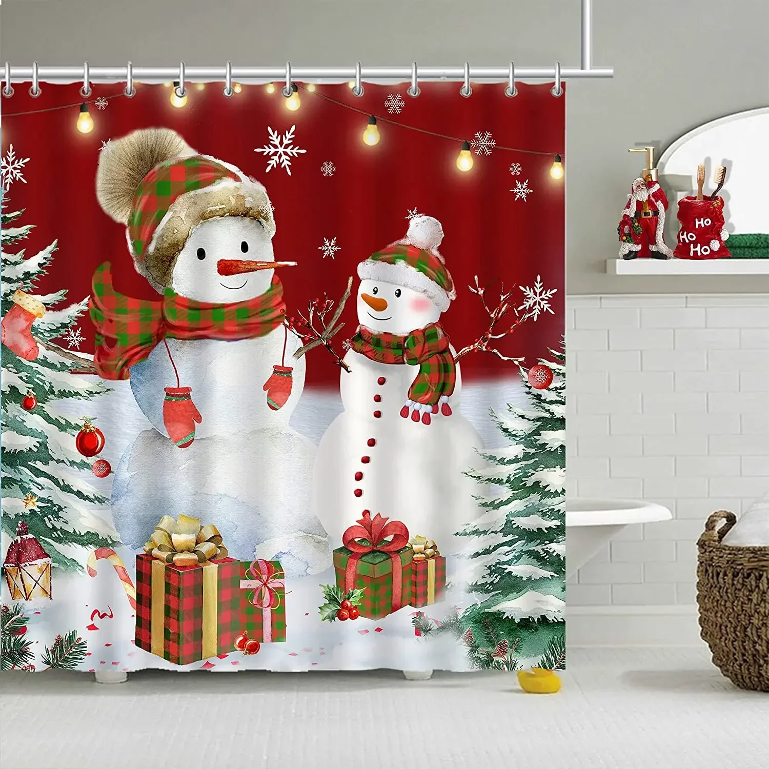 Christmas Fireplace Shower Curtain Hook Winter Indoor Christmas Tree Red Boots Xmas Tree Gift Home Bathroom Decor Fabric Curtain