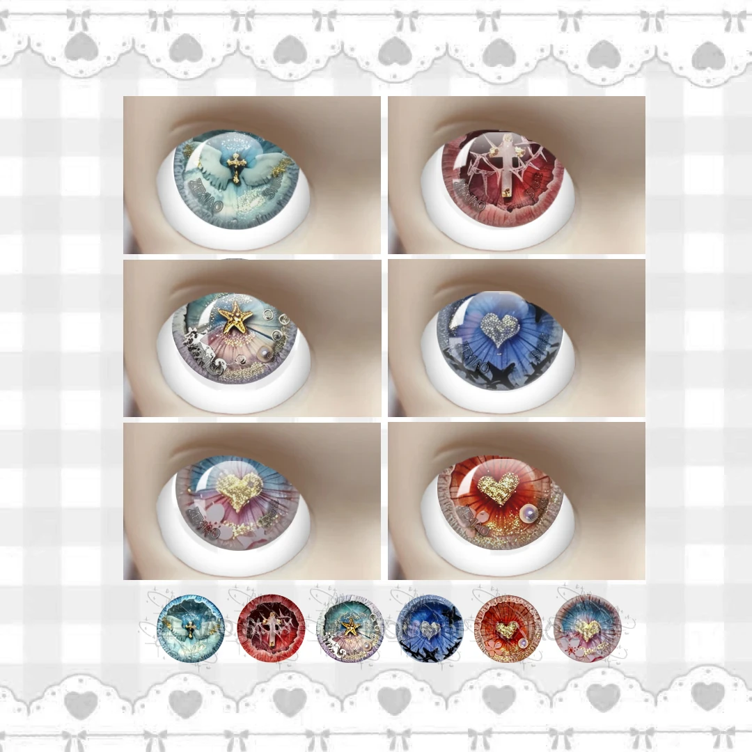 12Pcs Angel Cross Heart Star Pattern Blythe BJD Doll Eye Pupil Chips Glass Cabochon Vintage Fantasy DIY Jewelry MS008