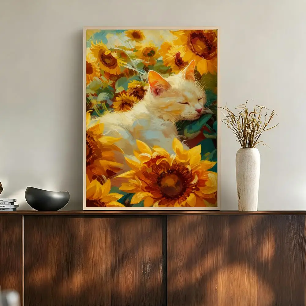 Cottagecore Cats Sunflowers Tea Garden Warm Rustic Fantasy Poster Modern Aesthetic Wall Art for Home Bar Cafe Bathroom Decor