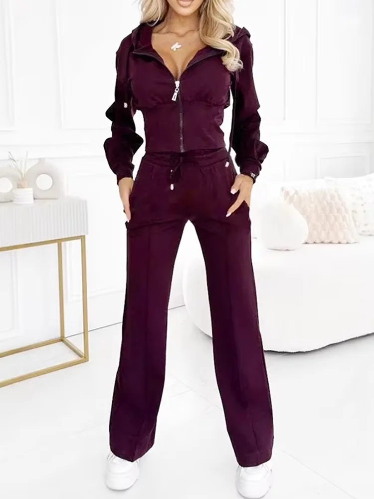 Autumn Casual Solid Sportswear Women Set Fashion Zipper Hooded Sweatshirts Coat & Lace-up Pants Tracksuit New Winter Suit Outfit