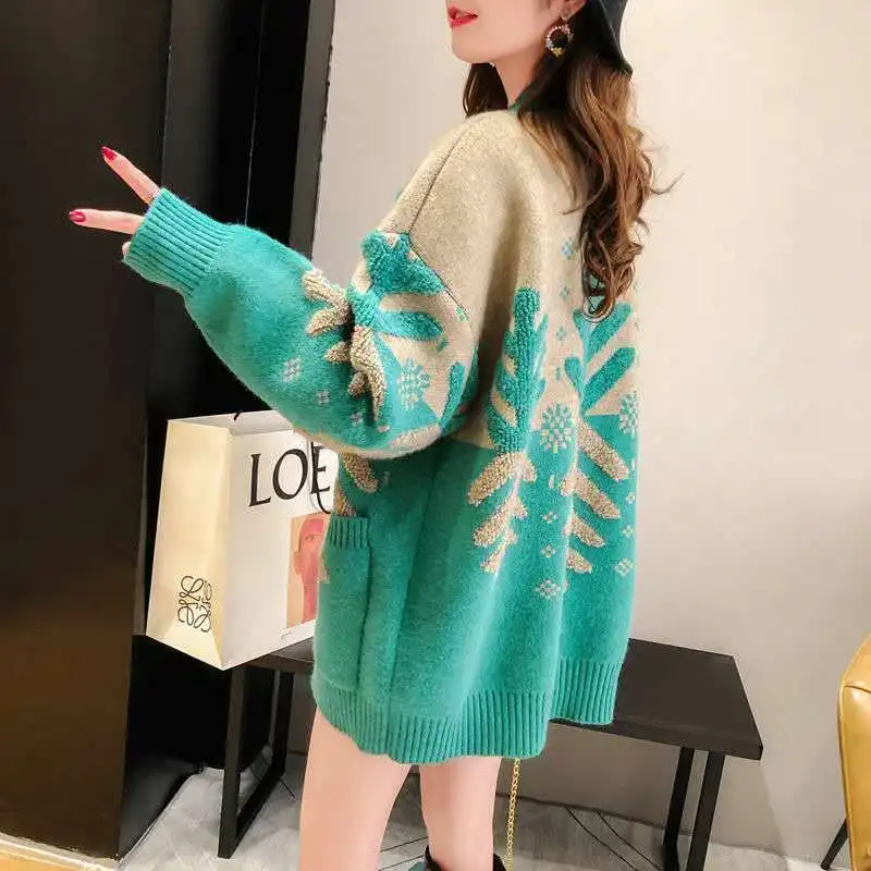 2024 Female Fashion Cardigan Women Thickened Korean Style Lazy Style Autumn And Winter Sweater Jacket Christmas Sweater  Knit To