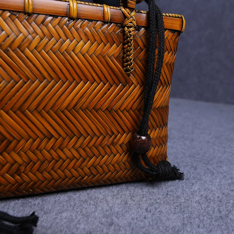 Luxury Hand Woven Bamboo Handbags Vintage Summer Women's Beach Straw Bag Rattan Storage Basket Large Capacity Tea Ceremony Bags