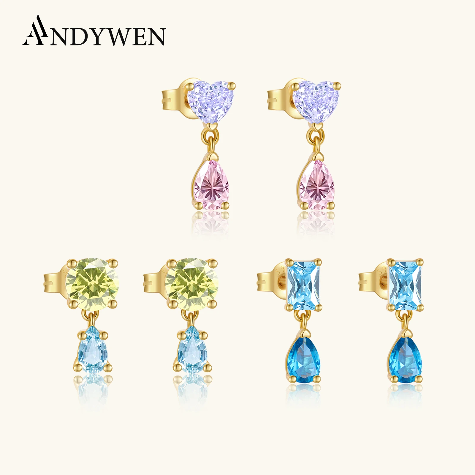 

ANDYWEN 925 Sterling Silver Multicolor Zircon, Heart Round Pear Geometric Shape Stud Earring, Women Sweet Party Jewelry Gift