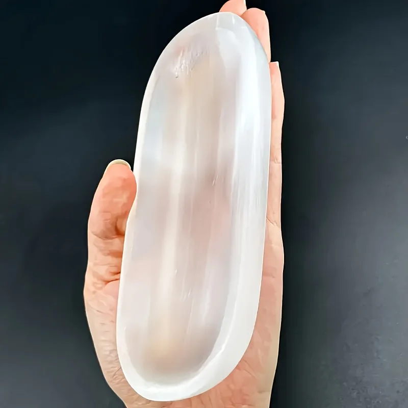 1pc Selenite Bowl Plate Ornament, Irregular Oval Carved Quartz Crystal, Crystal Storage Decoration, Gift for Friend Crystal view 5
