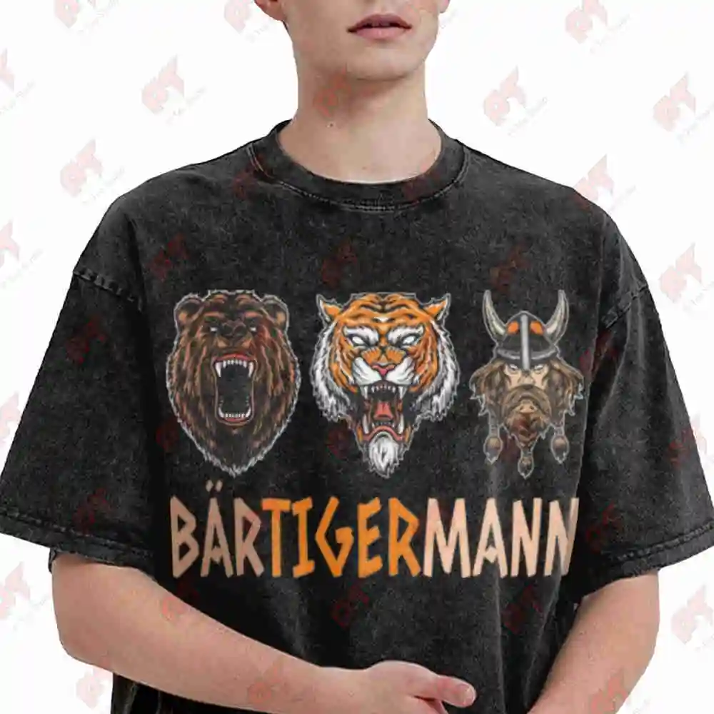 Bartigermann Bear Tiger Man Beard Viking Vintage Washed Tee Pure Cotton T-Shirt