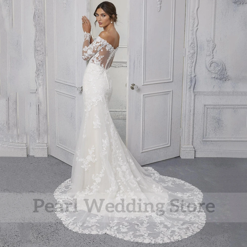 Gorgeous Off the Shoulder Mermaid Wedding Dress Tulle Illusion Long Sleeve Applique Floor Length Bridal Elegant Sweep Train Gown