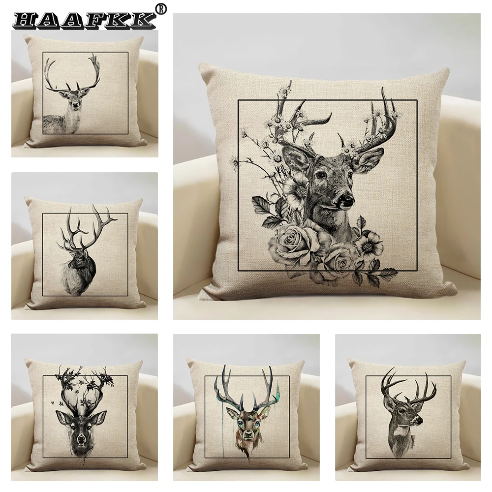 Cartoon Animal Cushion Cover Elk Sofa Decorative Pillow Case Linen Pillowcase Living Room Bedroom Home Decor