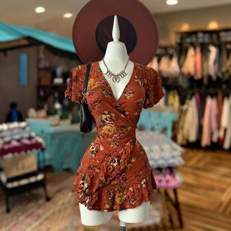 

wishPopular Best Seller in Europe and America New Summer Women's ClothesVCollar Short Sleeve Chiffon Printed Dress