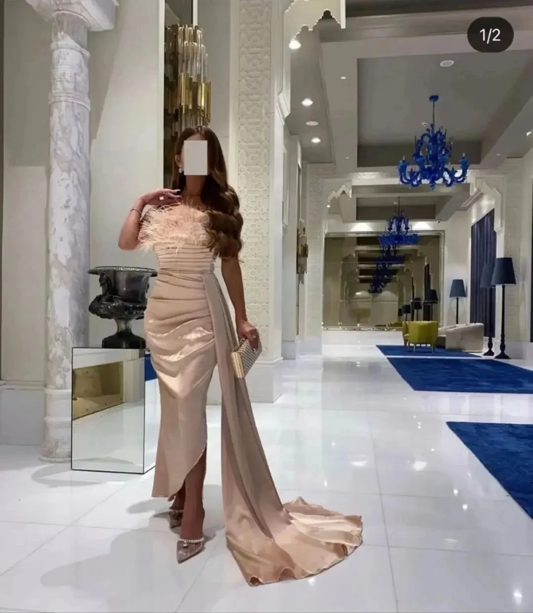 Aenyrst Luxury Saudi Arabic Pleat Ruched Satin Prom Dresses Feathers Mermaid Evening Dresses Dubai Women Formal Party Gowns