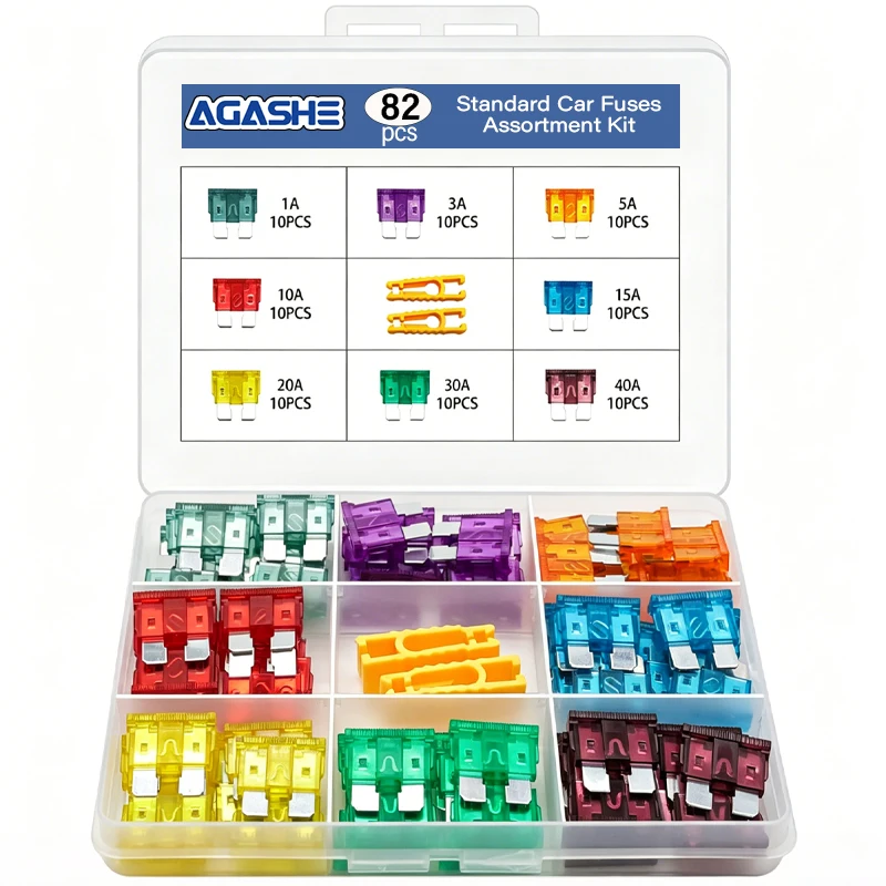 AGASHE 82-Piece Standard Automotive Blade Fuse Set with Puller, Replacement Fuses for Car, Truck, RV, Boat, SUV