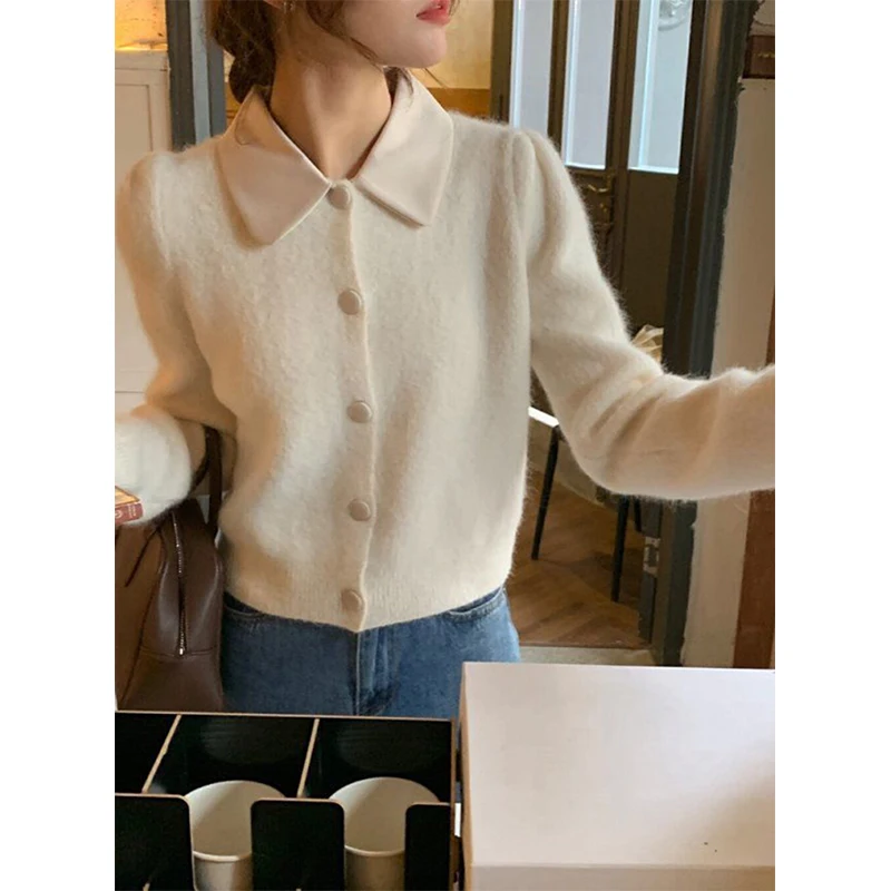 MEXZT Elegant Knitted Cardigans Women Cropped Patchwork Sweater Coat Korean Solid Slim Knitwear Jackets All Match Jumper Outwear