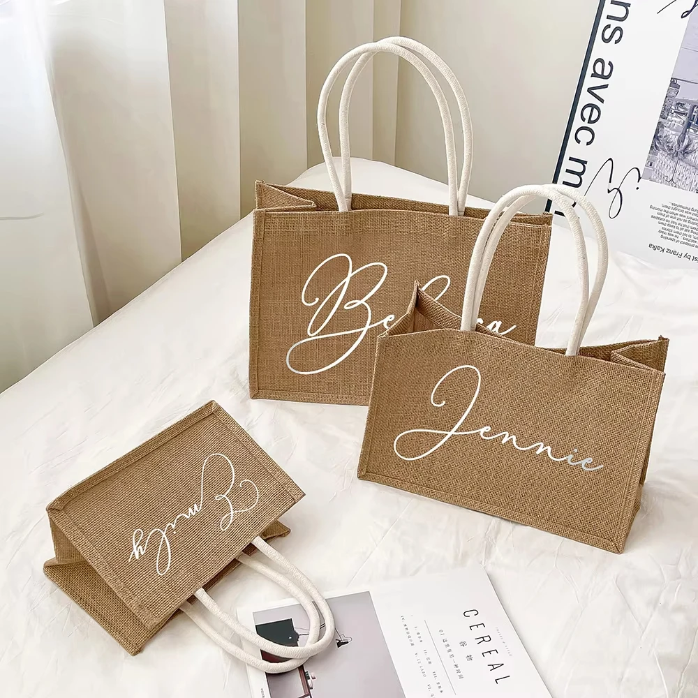 Personalized Embrodery Burlap Tote Bag Bridesmaid Gift Wedding Decor Custom Name Jute Bag Bachelorette Beach Party Tote Bag