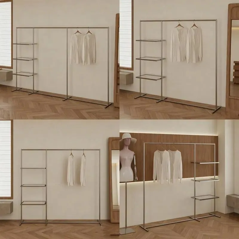 Stainless Steel Clothing Rack with Side Storage Free Standing Metal Garment Display Stand for Clothing Boutiques