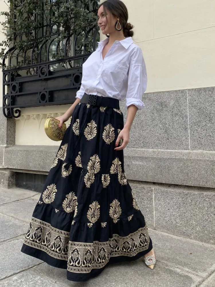 

Vintage Printed Patchwork Women Skirt Fashion Casual Drawstring Lece-up Elastic Waist Loose Long Skirts Spring Summer New Robe