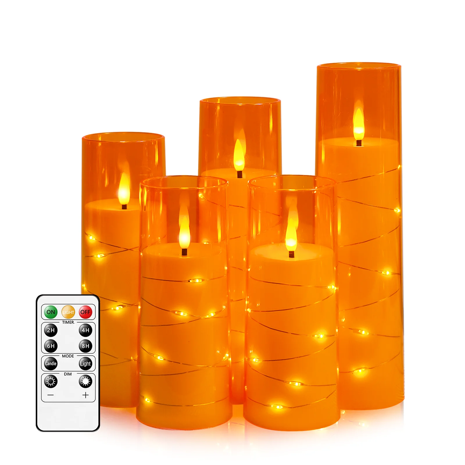 5Pcs Flameless LED Candles With Timer Flickering Operated Acrylic Shell Embedded Star String For Home Romantic Decoration Orange