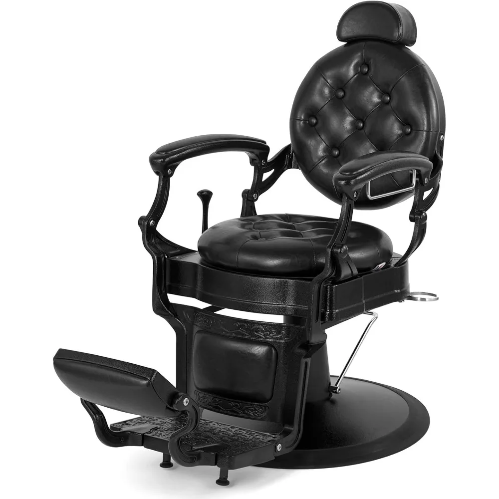 Retro-Style Heavy Duty Barber Chair: Black Leather, Reclining, 360° Swivel, Round Base for Salon Use