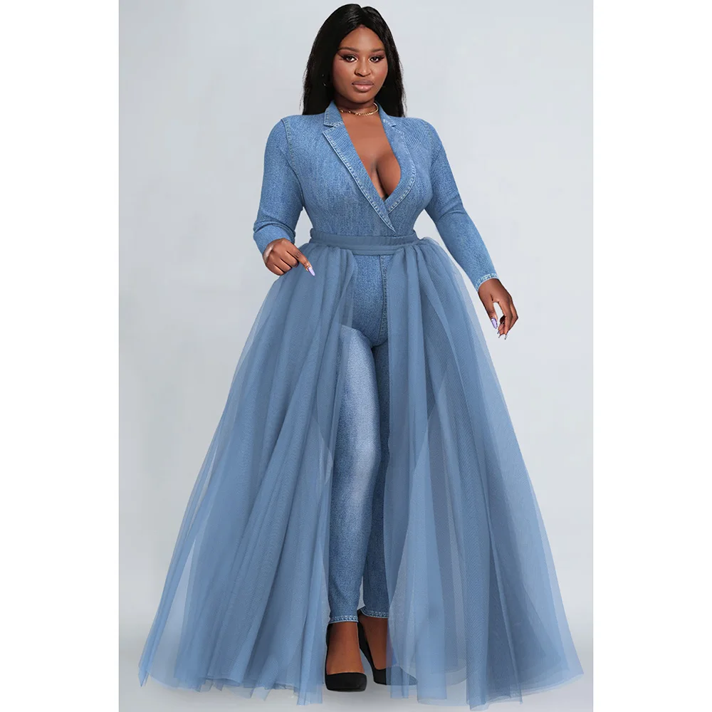 Plus Size Women\'s Jumpsuit Four Seasons Semi-Formal Elegant Light Blue Lapel Long Sleeve Contrast Color Denim Jumpsuit