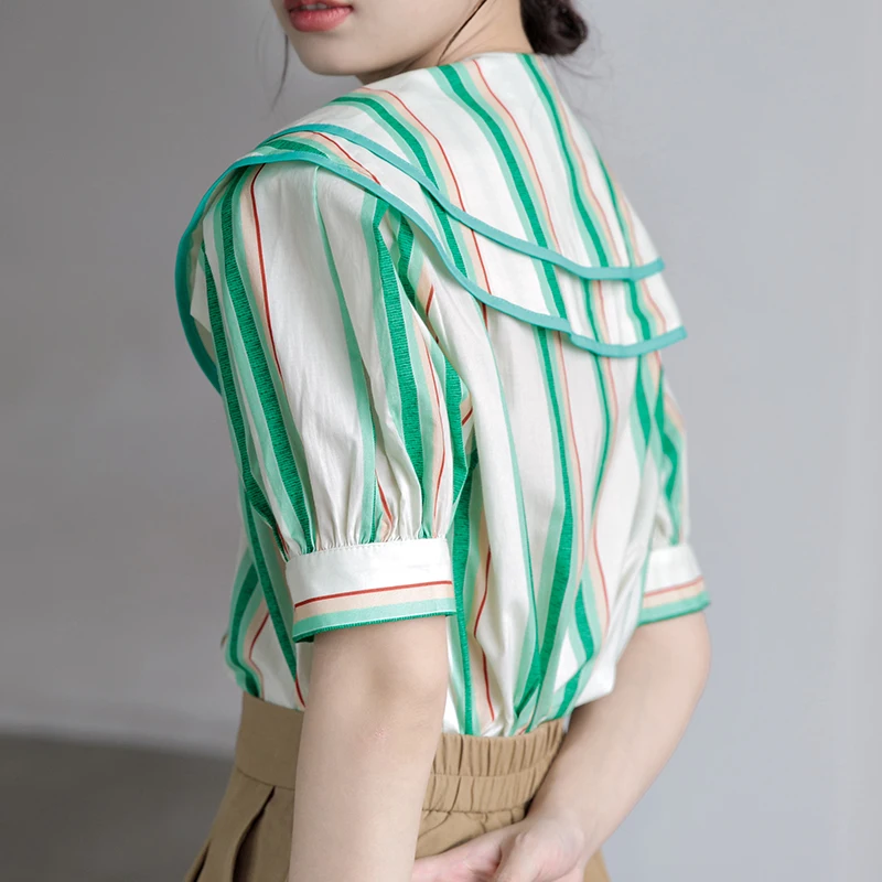 QOERLIN 2022 Summer Chiffon Blouse Short Sleeve Women Shirts Big Turn-Down Collar Loose Single-Breasted Green Striped Tops Shirt