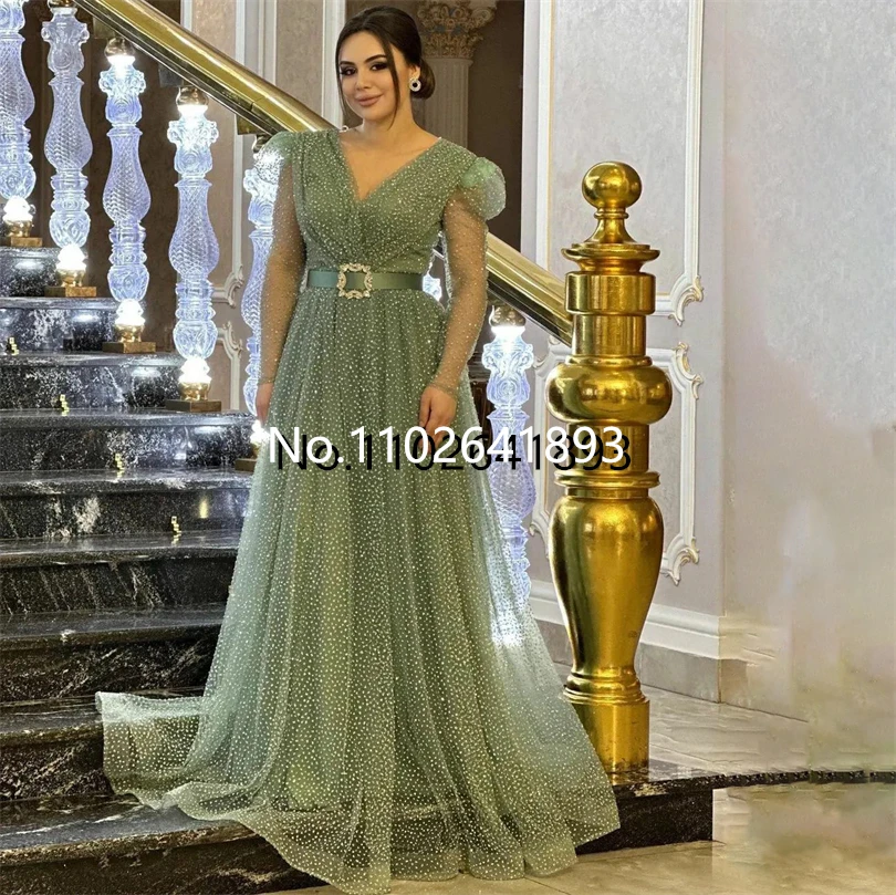 Red Olive Green Formal Prom Dresses Dot V-Neck A-Line Cap Sleeves Belt Evening Dress Saudi Arabia Dubia Occasional Party Gowns