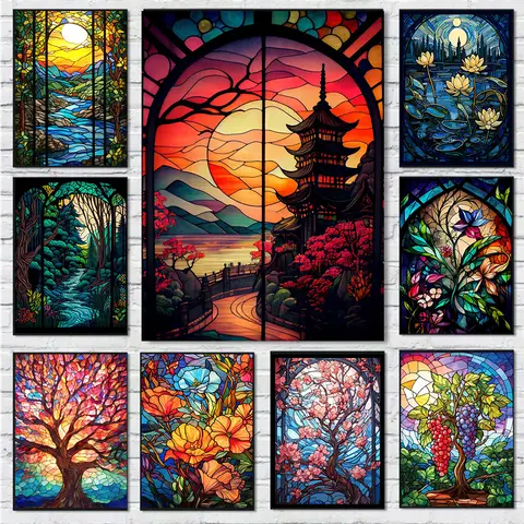 Colored Rose Window Landscape Diy 5d Round Diamond Painting Kits Embroidery Handmade Children's Gift Art Picture Home Decor