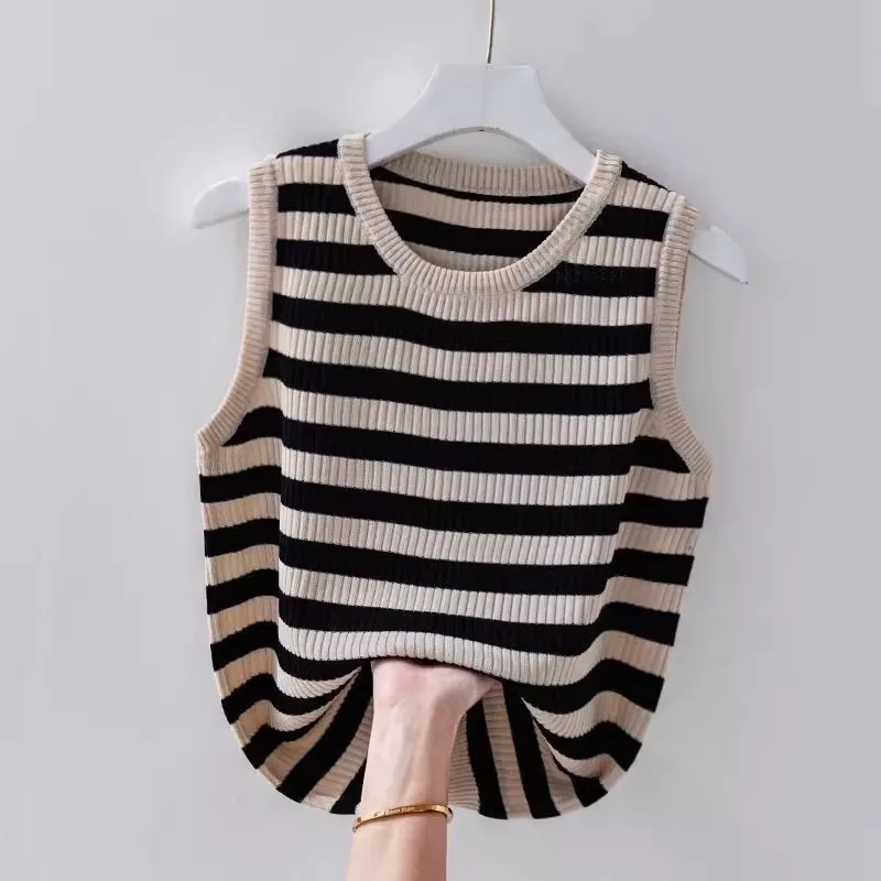 

Sueter Feminino New Sleeveless Knitted Women Sweater Vest O-Neck Striped Knit Sweater Vest Women Tops Sweaters Outerwears Q3329