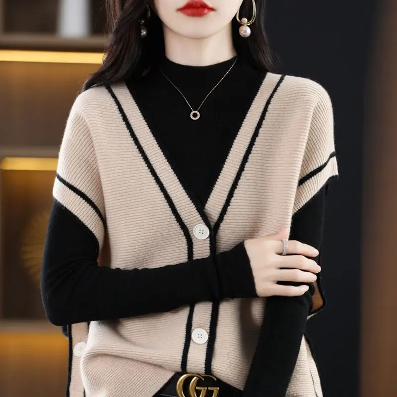 Spring Autumn Women Vintage Casual Sweater Vest V-Neck Loose Cardigans Sleeveless Panelled Fashion Female Knitted Sweaters 2022