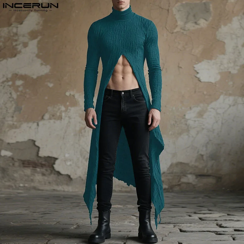 INCERUN Men Irregular T Shirt Turtleneck Long Sleeve Solid Long Style Tee Tops Men Streetwear Split Fashion Casual Male T-shirts