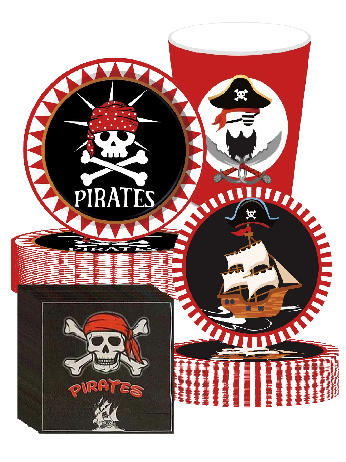 Piraten der Karibik Themen-Geburtstagsparty-Zubehör, Teller, Servietten, Pappbecher, für Piraten-Picknicks und Abenteuer