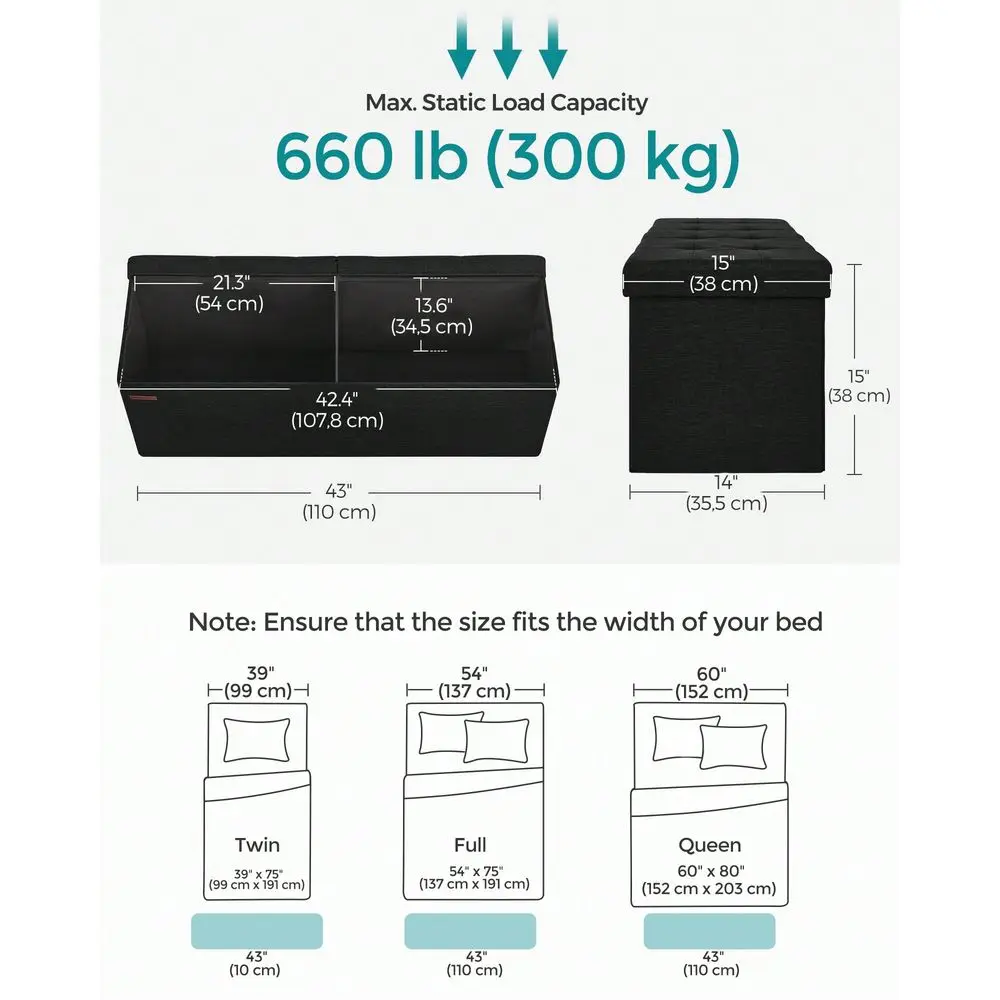 43 Inches Folding Storage Ottoman Bench, Ottoman Foot Rest, End Of Bed Bench, Storage Chest, Load 660 Lb, For Living Room, Bedr