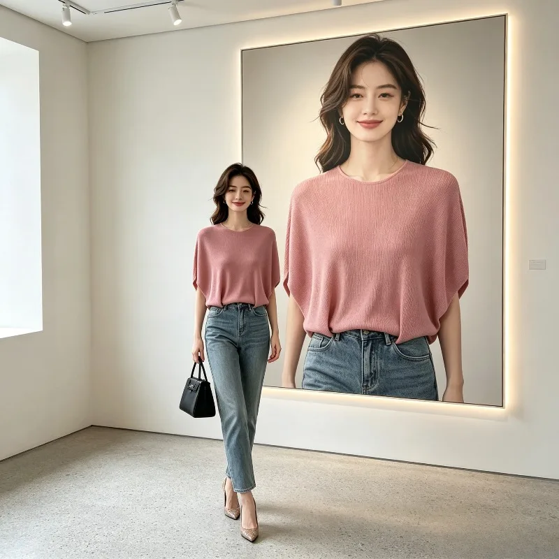 

Miyake Pleated Batwing Sleeve Pleated T-Shirt for Women Summer Thin Ribbed Loose Fit Commuter Versatile Solid Color Top Pleat