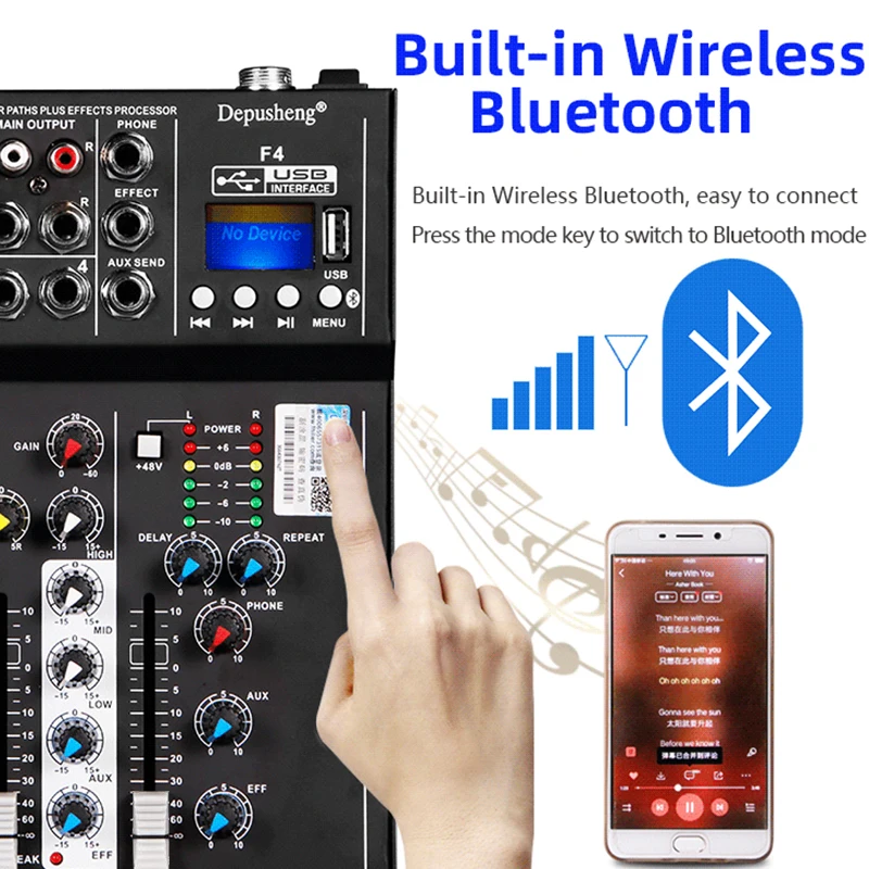Mixer Audio deusheng F4 Console di missaggio Audio professionale a 4 canali con registrazione USB Bluetooth percorso Monitor di alimentazione Phantom 48V