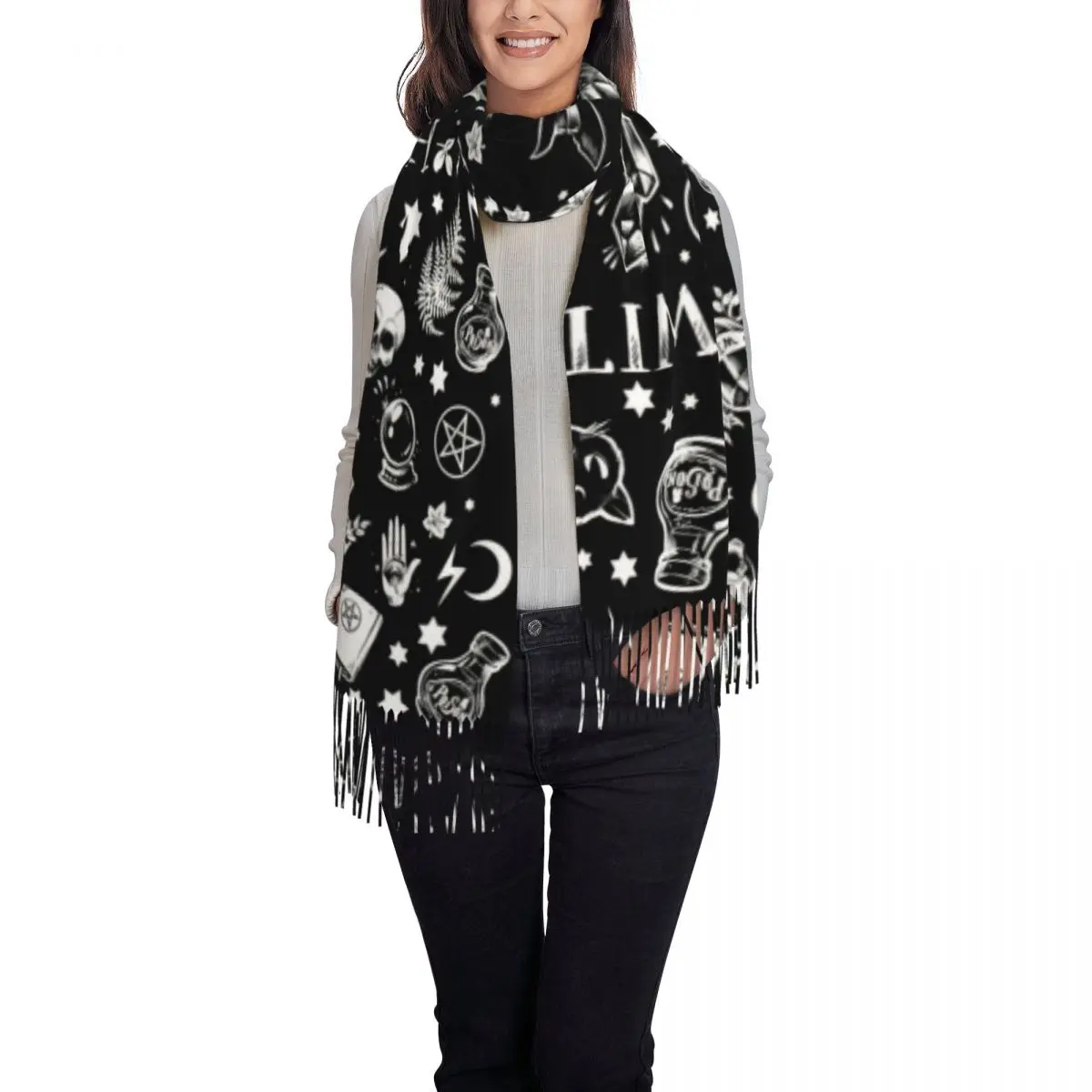 Custom Halloween Occult Gothic Magic Witch Pattern Tassel Scarf Women Soft Shawl Wrap Female Winter Fall Scarves