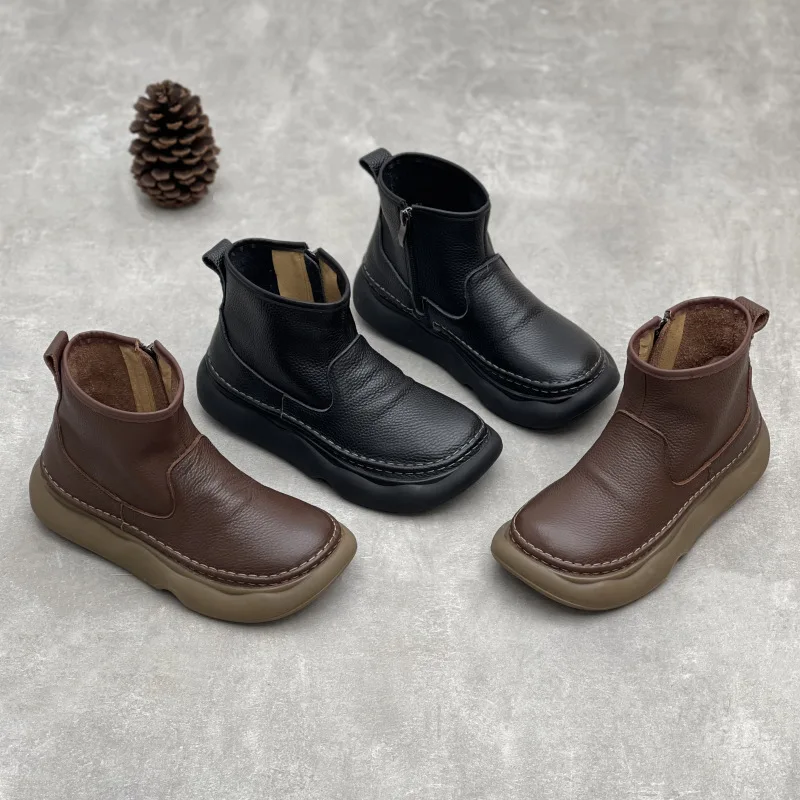 Careaymade-Genuine Leather thick soled wider toe women\'s shoes,Round Head Side Zipper Women Short Boots Wool Warm Cowhide Boots