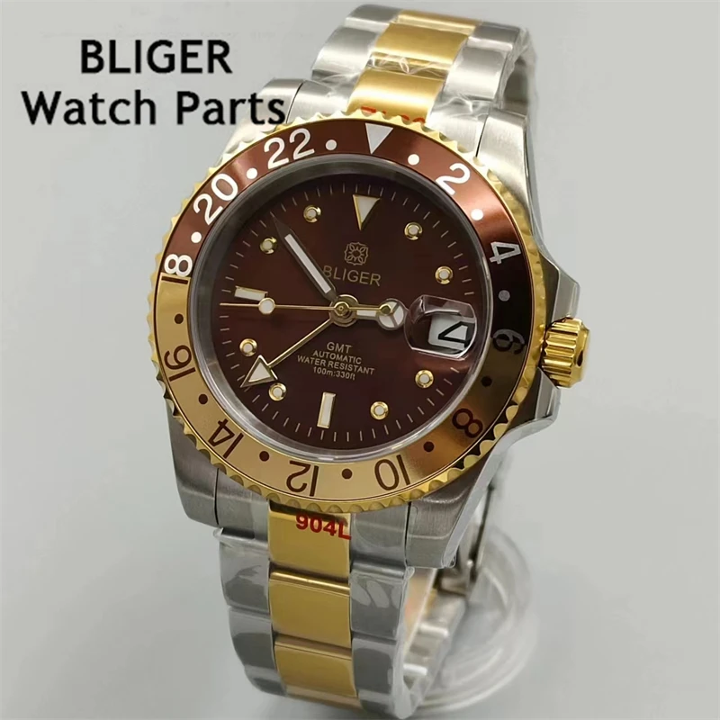 

BLIGER 40mm Rootbeer GMT Men Watch NH34 Automatic Movement Luxury Two Tone Gold Case Bracelet Brown Dial Luminous Sapphire Glass