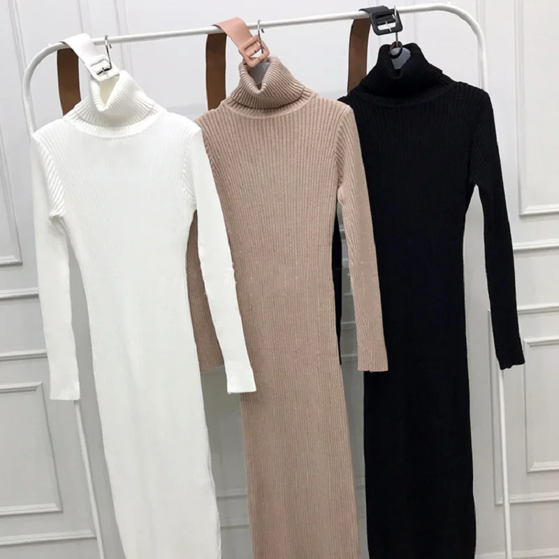 

New Women Autumn Winter Midi Party Vestidos Slim Elastic Turtleneck Knit Bottomed Hip Wrap Bodycon Sweater Dress