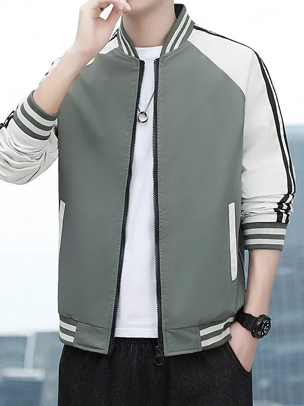 

Весенняя молодежная бейсбольная куртка для мужчин: модная повседневная верхняя одежда с длинными рукавами, на молнии, в полоску, свободного кроя, из полиэстера, ветрозащитная