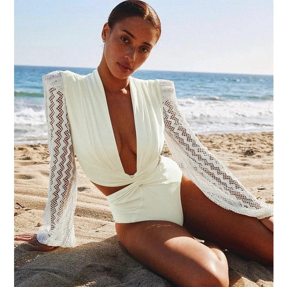 Women One Piece Swimsuit Retro Long Sleeve Solid White Swimwear Banage Bathing Backless Beach Wear