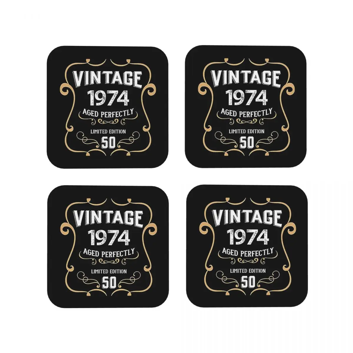 50th Birthday Vintage 1974 Aged Perfectly Gi Coasters Kitchen Placemats Cup Coffee Mats For Decor Home Tableware Pads Set of 4