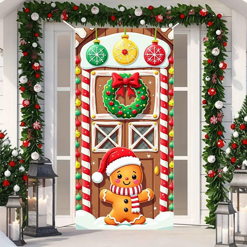 Christmas Ginger Bread House Door Cover Banner Merry Christmas Door Hanging Covers for Front Door Porch Christmas Party Supplies