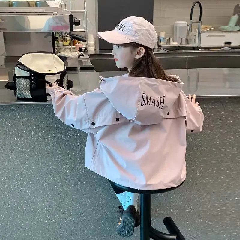 2026 Frühling Herbst Kinder Mädchen Kapuzenjacke Einfarbig mit Reißverschluss Locker Lässiger Windbreaker Oberbekleidung Kinder Wasserdichter Mantel – Detail 6