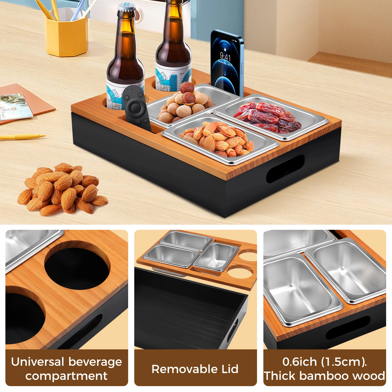 Wooden Couch Bar Snack Box Coffee Box Three Snack Bowls Sofa Tray With Three Snack Bowls