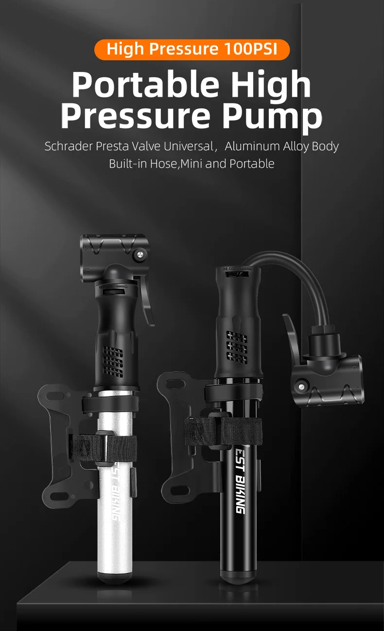 WEST BIKING Tragbare Fahrradpumpe, Mini-Fahrradreifenfüller mit verstecktem Schlauch für Presta- und Schrader-Ventile, Zubehör für Rennrad und Mountainbike – Detail 1