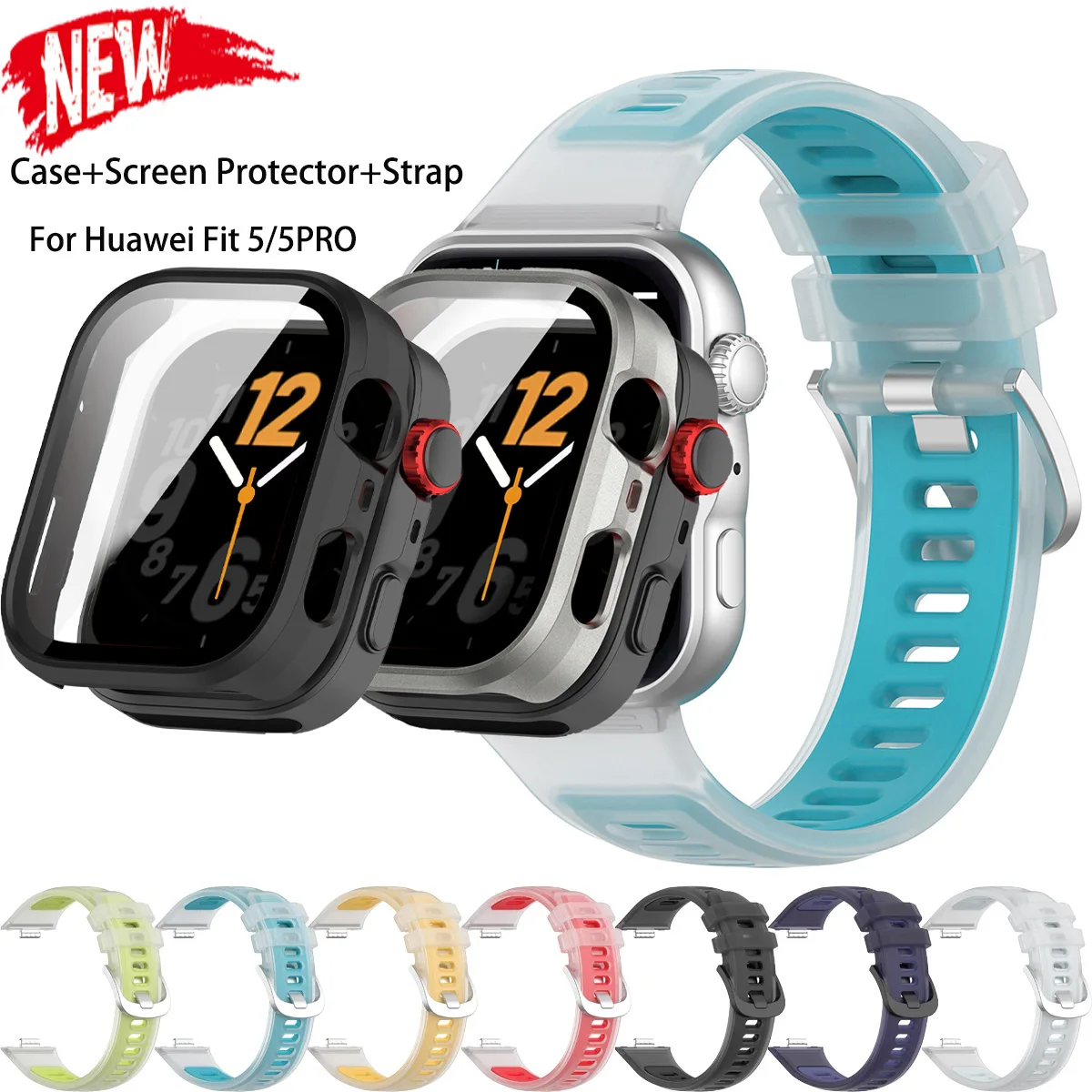 Hülle + Panzerglas + Armband für Huawei Watch Fit 5/Fit 5Pro Jelly Transparentes Sportarmband Displayschutzfolie Abdeckung Armband