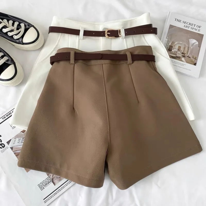 Casual Women's Shorts A-line High Waist Short Chic Office Lady Shorts With Belted Vintage Female Trousers 2024 Autumn