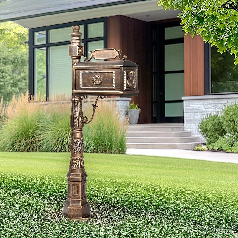 Outdoor Courtyard Cast Aluminum High Column Mailbox Outdoor Garden Villa Metal Rust-proof Mailbox Send and Receive Letters