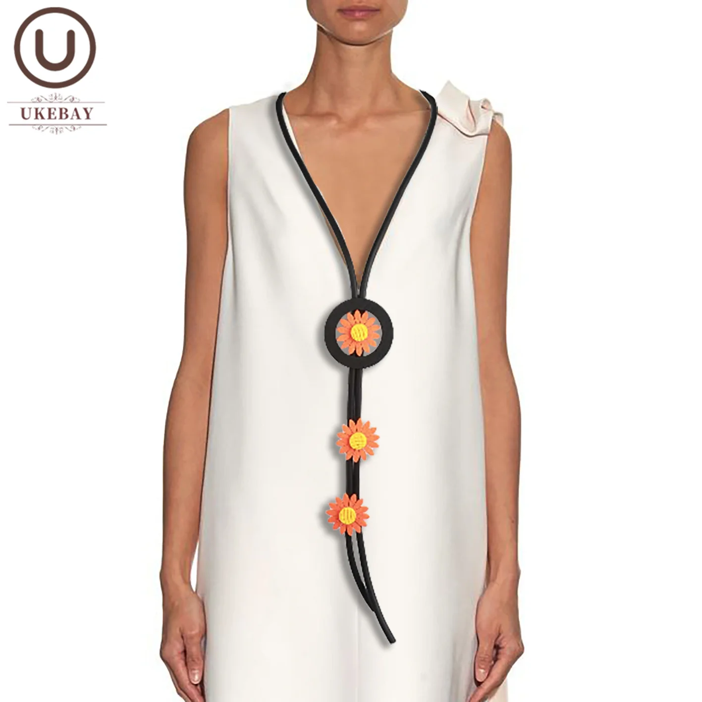 UKEBAY New Handmade Ethnic Style Orange Flower Design Black Rubber Chain Bohemian Style Women Jewelry Long Necklace Retro Chain